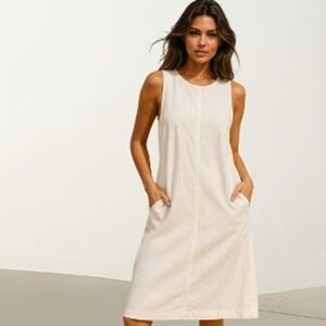 NWT J Crew 2X Dress‎ Size 22 White Denim Pockets Cotton Sleeveless Midi Neutral